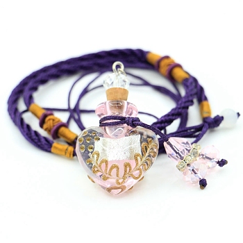 Baroque Style Heart Handmade Lampwork Perfume Essence Bottle Pendant Necklace, Adjustable Braided Cord Necklace, Sweater Necklace for Women, Pink, Bottle: 40x22mm