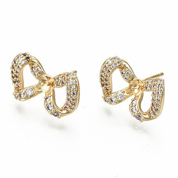 Brass Micro Pave Clear Cubic Zirconia Stud Earring Findings, for Half Drilled Beads, Nickel Free, Twist Bowknot, Real 18K Gold Plated, 11x18mm, Pin: 0.7mm, pin: 0.8mm(for half drilled beads)