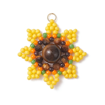 Round Natural Tiger Eye and Glass Seed Beaded Pendants, Sunflower Charms, with 304 Stainless Steel Jump Rings, Golden, Yellow, 29.5x8.5mm, Hole: 3mm
