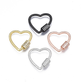 Brass Micro Pave Clear Cubic Zirconia Screw Carabiner Lock Charms, for Keychain Making, Heart, Mixed Color, 24x23~24x6mm, Column: 8x6mm