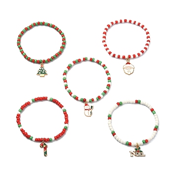 5Pcs 5 Style Glass Seed Stretch Bracelets Set, Christmas Tree & Santa Claus & Word Noel Alloy Enamel Charms Stackable Bracelets, Mixed Color, Inner Diameter: 2-1/4 inch(5.7cm), 1Pc/style