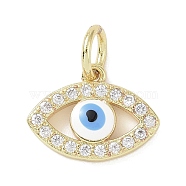 Real 18K Gold Plated Brass Micro Pave Cubic Zirconia Charms, with Enamel and Jump Ring, Evil Eye Charms, White, 10.5x14.5x2.5mm, Hole: 4mm(KK-L209-071G-02)