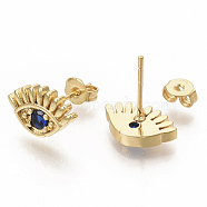 Brass Micro Pave Blue Cubic Zirconia Stud Earrings, with Earring Backs, Eye, Real 16K Gold Plated, 8.5x13.5mm, Pin: 0.7mm(EJEW-S208-014)