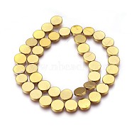 Electroplated Non-magnetic Synthetic Hematite Beads Strands, Polish, Flat Round, Golden Plated, 10x2mm, Hole: 0.8mm, about 41pcs/strand, 15.94 inch(40.5cm)(G-P392-S08)