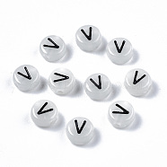 Acrylic Beads, with Enamel and Luminous, Horizontal Hole, Flat Round with Black Letter, Glow in the Dark, Light Grey, Letter.V, 7x3.5mm, Hole: 1.5mm, about 3600~3700pcs/500g(SACR-S273-29V)