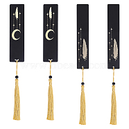 Elite 4Pcs 2 Style Brass or Stainless Steel Bookmarks, with Polyester Tassel & Plastic Beads, Rectangle with Feather Pattern, Black, 250~260mm, 2pcs/style(AJEW-PH0004-65)