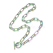 Unisex Vacuum Plating 304 Stainless Steel Paperclip Chain Necklaces, with Toggle Clasps, Rainbow Color, 17.71 inch(45cm)(NJEW-H215-02MC)