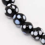 Handmade Lampwork Round Beads Strands, polka-dotted, Black, 8mm, Hole: 1mm, about 35pcs/strand, 10.43 inch(X-LAMP-L007-8mm-03)