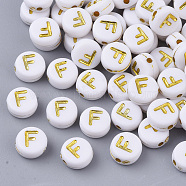 Plating Acrylic Beads, Golden Metal Enlaced, Horizontal Hole, Flat Round with Alphabet, White, Letter.F, 7x3.5mm, Hole: 1.2mm, about 3600pcs/500g(PACR-R242-01F)