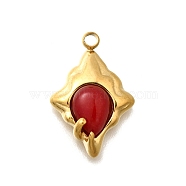 Natural Carnelian(Dyed and Heated) Pendants, 304 Stainless Steel Rhombus Charms, Real 18K Gold Plated, 21x14x4.5mm, Hole: 2mm(STAS-D310-03G-04)