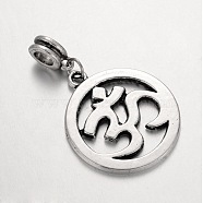 Tibetan Style Alloy Large Hole European Dangle Charms, Flat Round with Mark Om Symbol, Antique Silver, 41mm, Hole: 5mm(PALLOY-JF00034)