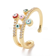 Enamel Evil Eye Open Cuff Ring with Clear Cubic Zirconia, Real 18K Gold Plated Brass Jewelry for Women, Cadmium Free & Lead Free, Colorful, US Size 7 3/4(17.9mm)(X-RJEW-P032-43G)