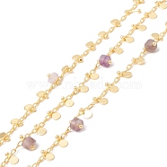 Natural Amethyst Column Beaded Chains, with Brass Paperclip Chains and Flat Round Charm, Soldered, with Spool, Lead Free & Cadmium Free, Golden, 2x1x0.5mm, 5.5x3x1mm(CHC-K012-01G-02)