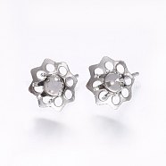 201 Stainless Steel Stud Earring Settings, with 304 Stainless Steel Pin, Flower, Stainless Steel Color, Tray: 5mm, 16x10.5mm, Pin: 0.8mm(STAS-I095-13P)