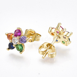 Brass Micro Pave Cubic Zirconia Ear Studs, Flower, Real 18K Gold Plated, 8.5x9x2.5mm, Pin: 0.7mm(X-EJEW-S201-49)