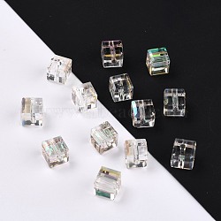 Electroplate Transparent Glass Beads, Faceted Cube, Rainbow Plated, Clear AB, 6x6x6mm, Hole: 1.8mm(EGLA-B003-01A-11)