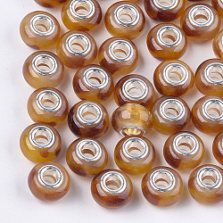 Resin European Beads, Large Hole Beads, with Silver Color Plated Brass Cores, Rondelle, Goldenrod, 14x8.5~9mm, Hole: 5mm(RPDL-S013-06H)