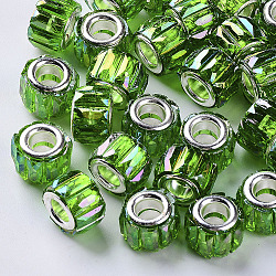 Transparent Resin European Beads, Large Hole Beads, with Silver Color Plated Double Brass Cores, Faceted, AB Color Plated, Column, Green, 11.5x8mm, Hole: 5mm(X-RPDL-Q023-A-B01)