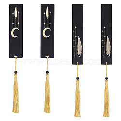 Elite 4Pcs 2 Style Brass or Stainless Steel Bookmarks, with Polyester Tassel & Plastic Beads, Rectangle with Feather Pattern, Black, 250~260mm, 2pcs/style(AJEW-PH0004-65)