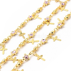Enamel Star with Evil Eye Link Chains, with Real 18K Gold Plated Brass Cross Charms, Soldered, with Spools , Pink, 11x5.5x2mm, 7.5x3x2.5mm(CHC-C003-02G-01)