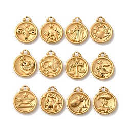 304 Stainless Steel Pendants, Flat Round with Constellations Charm, Matte Gold Color, 20.5x17x3mm, Hole: 2.5x2mm, 12pcs/set(STAS-L022-306MG-M)