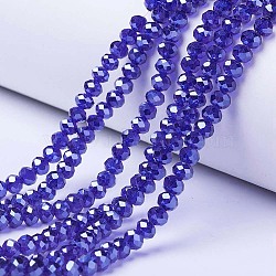 Electroplate Glass Beads Strands, Pearl Luster Plated, Faceted, Rondelle, Medium Blue, 6x5mm, Hole: 1mm, about 85~88pcs/strand, 16.1~16.5 inch(41~42cm)(EGLA-A034-T6mm-A11)