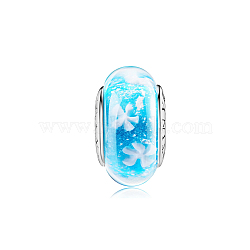 TINYSAND Glass Rondelle Large Hole European Beads, with Platinum Plated 925 Sterling Silver Double Cores, Flower Pattern, Sky Blue, 9x14.98mm, Hole: 4.11mm(TS-C-124)