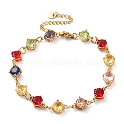 Colorful Glass Link Chain Bracelets, with Golden Brass Chains, Flat Round, 9-1/2 inch(24cm), 57mm extender(BJEW-B075-07)