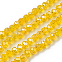 Electroplate Glass Beads Strands, AB Color Plated, Faceted, Rondelle, Gold, 4x3mm, Hole: 0.4mm, about 123~127pcs/strand, 16.5~16.9 inch(42~43cm)(EGLA-A034-T4mm-B20)