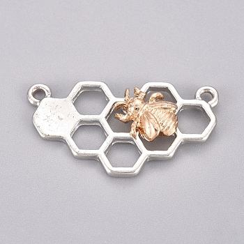 Alloy Pendants, Honeycomb with Bees, for Jewelry Making, Platinum & Golden, 29.5x16x5mm, Hole: 1.5mm