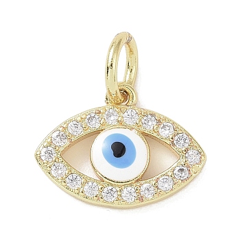 Real 18K Gold Plated Brass Micro Pave Cubic Zirconia Charms, with Enamel and Jump Ring, Evil Eye Charms, White, 10.5x14.5x2.5mm, Hole: 4mm
