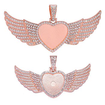 Alloy Pendants, with Glass Cabochons, with Rhinestone, Heart and Wing, Rose Gold, 42x86.5x3.5mm, Hole: 13x7mm