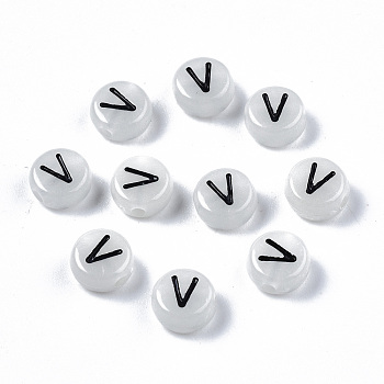 Acrylic Beads, with Enamel and Luminous, Horizontal Hole, Flat Round with Black Letter, Glow in the Dark, Light Grey, Letter.V, 7x3.5mm, Hole: 1.5mm, about 3600~3700pcs/500g