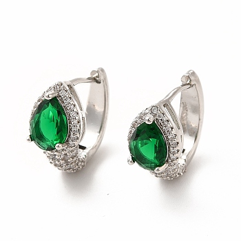 Green Cubic Zirconia Teardrop Hoop Earrings, Rack Plating Brass Jewelry for Women, Cadmium Free & Lead Free, Platinum, 15.5x9x18mm, Pin: 1mm