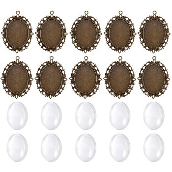 Oval Clear Glass Cabochon Cover, Tibetan Style Pendant Cabochon Settings for DIY, Pendant: Tray: 40x30mm, 61x48x3mm, Hole: 3mm, 10pcs, , Glass Cabochons: 40x30mm, 8mm(Range: 7~9mm) thick, 10pcs