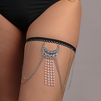 Alloy Rhinestone Sexy Multilayer Tassel Leg Chain, Thigh Body Chain for Women Girls, Moon, 200~380mm