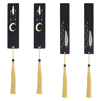 Elite 4Pcs 2 Style Brass or Stainless Steel Bookmarks, with Polyester Tassel & Plastic Beads, Rectangle with Feather Pattern, Black, 250~260mm, 2pcs/style