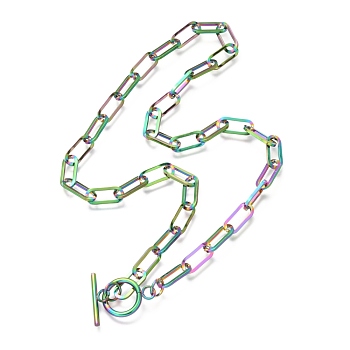 Unisex Vacuum Plating 304 Stainless Steel Paperclip Chain Necklaces, with Toggle Clasps, Rainbow Color, 17.71 inch(45cm)