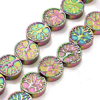 Synthetic Non-magnetic Hematite Beads Strands, Long-Lasting Plated, Flat Round with Tree of Life, Rainbow Plated, 10x3mm, Hole: 1mm, about 40pcs/strand, 15.94''(40.5cm)