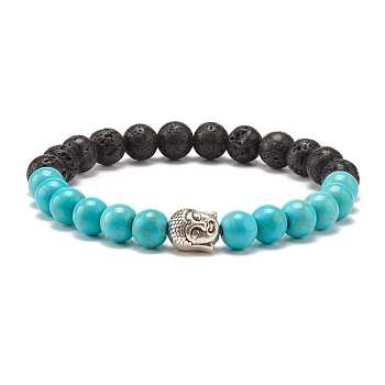 Round Synthetic Turquoise & Natural Lava Rock Stretch Bracelet, Oil Diffuser Power Stone Bracelet with Buddha Head Beads for Women, Human Pattern, Inner Diameter: 2-3/8 inch(6cm)