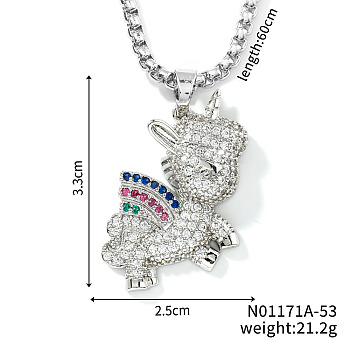 Cute Unicorn Fashion Brass Colorful Rhinestone Pendant Box Chain Necklaces, Platinum, 23.62 inch(60cm)