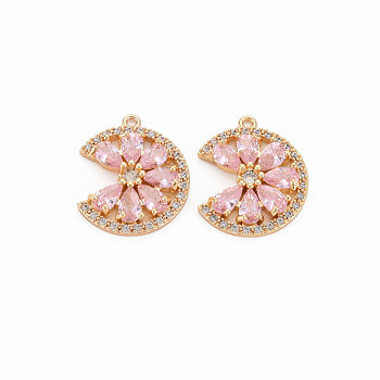 Brass Micro Pave Cubic Zirconia Charms, with Glass, Nickel Free, Real 18K Gold Plated, Flower, Pink, 18x15x3mm, Hole: 1mm