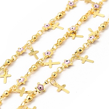 Enamel Star with Evil Eye Link Chains, with Real 18K Gold Plated Brass Cross Charms, Soldered, with Spools , Pink, 11x5.5x2mm, 7.5x3x2.5mm