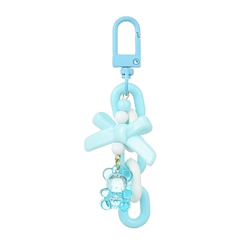 Bowknot & Bear Acrylic Pendant Decorations, with Alloy Swivel Snap Hooks Clasps, for Bag Ornaments, Light Sky Blue, 89mm, Pendants: 50~61x14~34x4mm