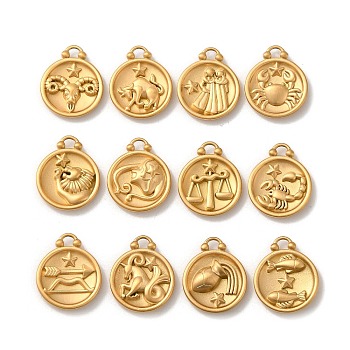 304 Stainless Steel Pendants, Flat Round with Constellations Charm, Matte Gold Color, 20.5x17x3mm, Hole: 2.5x2mm, 12pcs/set