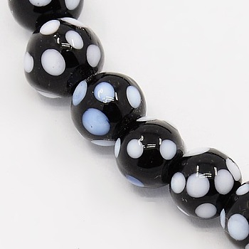 Handmade Lampwork Round Beads Strands, polka-dotted, Black, 8mm, Hole: 1mm, about 35pcs/strand, 10.43 inch