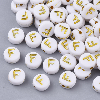 Plating Acrylic Beads, Golden Metal Enlaced, Horizontal Hole, Flat Round with Alphabet, White, Letter.F, 7x3.5mm, Hole: 1.2mm, about 3600pcs/500g