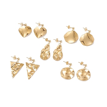 5 Pairs 5 Style Twist Triangle & Nugget & Flat Round 304 Stainless Steel Dangle Stud Earrings Set for Women, Golden, 28~38mm, Pin: 0.7mm, 1 Pair/style