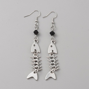 Alloy Fishbone Long Dangle Eararings with Glass Beaded for Women, Platinum, 88mm, Pin: 0.8mm