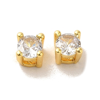 Brass with  Single Clear  Cubic Zirconia Bead, Round, Real 18K Gold Plated, 4.5x4.5x4mm, Hole: 2mm